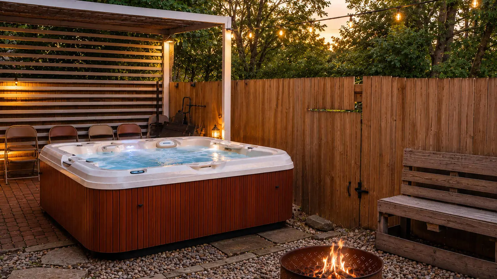 Backyard hot tub and fire pit at dusk, at a Louisville home Venturebnb manages