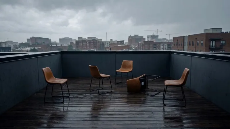 Chairs left out on the rain-soaked rooftop deck of Jessica's Nashville townhome
